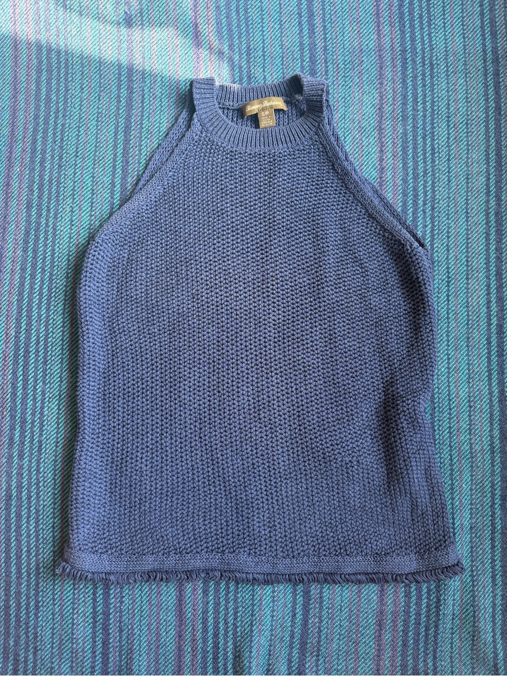 Blue Linen-Cotton Blend Knit Halter Tank Top - Women